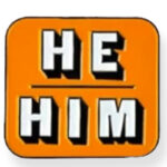 Pin "he/him", yellow